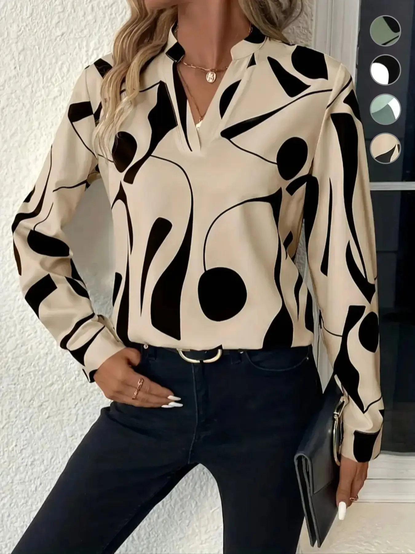 Women's Abstract Graphic Print Notched Neck Blouse, Casual Elegant Long Sleeve Top for Work Office Business, Ladies Clothes for All Seasons, Casual Classy Fashion, Casual Fashion Wear, Blouses Shirts Tops