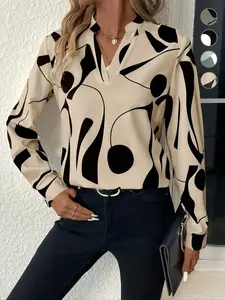 Women's Abstract Graphic Print Notched Neck Blouse, Casual Elegant Long Sleeve Top for Work Office Business, Ladies Clothes for All Seasons, Casual Classy Fashion