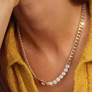 Veliora Gift B Tennis Prom Necklace for Women, Prom Night Jewelry Gold Choker Chain Necklace with Chunky Cuban Link and Stone-Look Tennis Chain, Fashion Necklace for Women initial