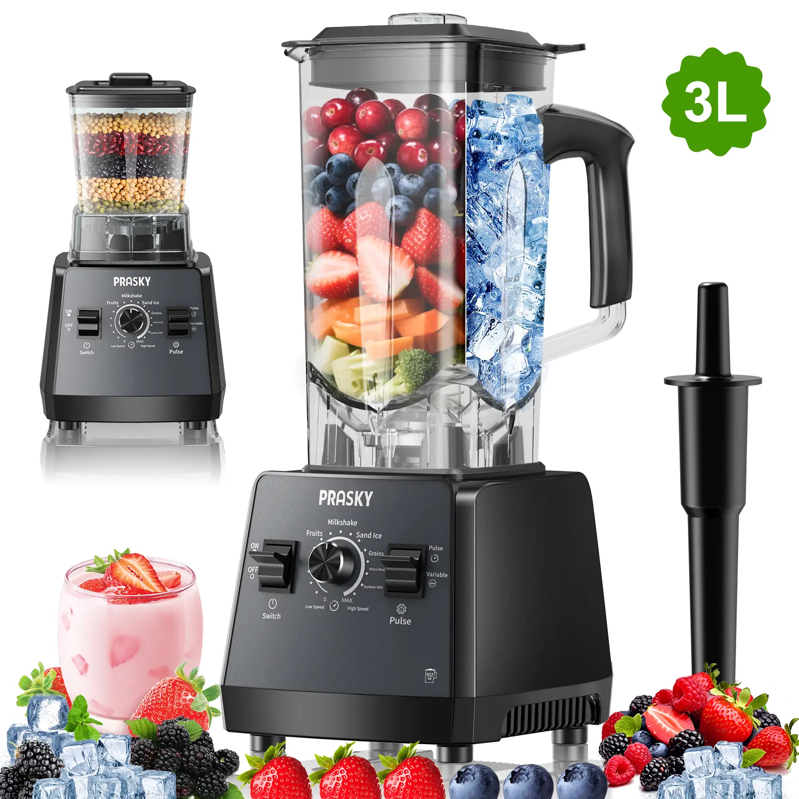 Prasky 102oz 2in1 Blender and Grinder for kitchen use, 2 Cups PRASKY 3L Timer Blender, Kitchen Blender 68oz BPA-Free 2 Containers Countertop Blenders, Crush Ice, Makes Sauces&Smoothie, Grinds Coffee& Spices - Ideal for Frozen drinks & daily blending needs