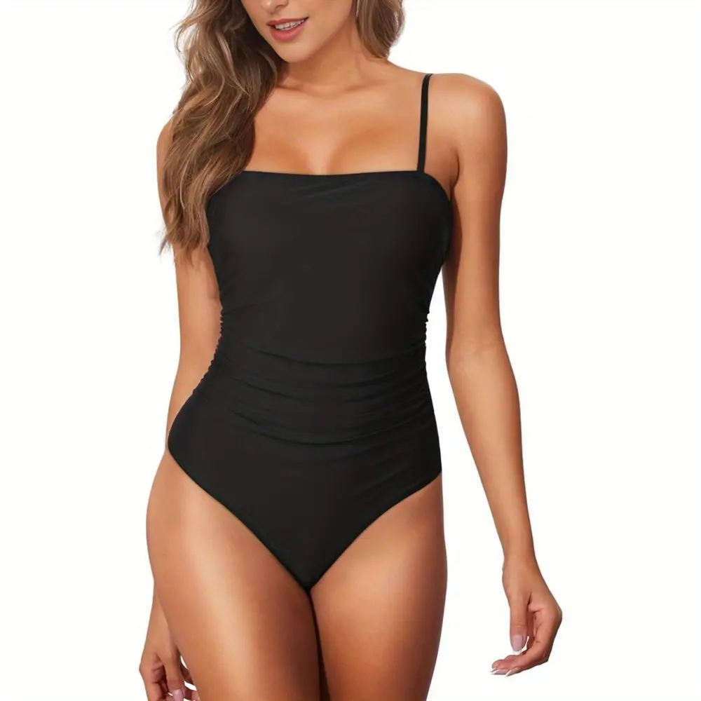 Women's 1-Piece Tummy Control Swimsuit - Square Neck Ruched Halter Bathing Suit, Tight Quick-Dry Basic Women's Swimwear,  Ruched Swim Suits