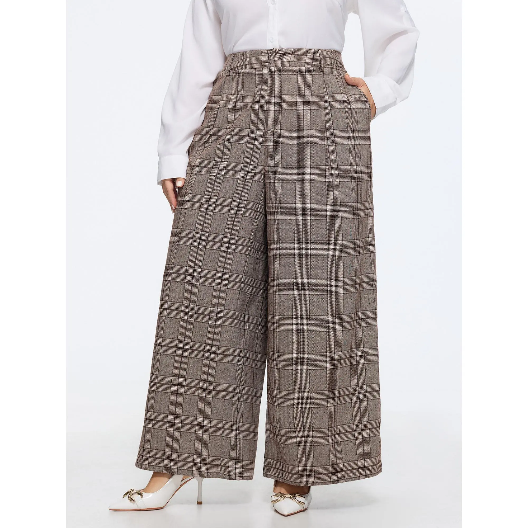 BloomChic Women's Plus Size Plaid Print Wide-Leg Spandex Pants - Smooth Fabric Garment, Summerfinds 2026 [M-6X] Women's Bottoms, Fit, Pocket, Office Wear, Mid Rise, Regular Length, Side Pockets