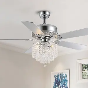 Chandelier Ceiling Fan with Remote, 52 Inch Crystal Fan Light, Indoor Fan Ceiling with 3 Speed, Silent Reversible Motor, Dual-Sided Blades, Timer, Balance Kit - Chrome