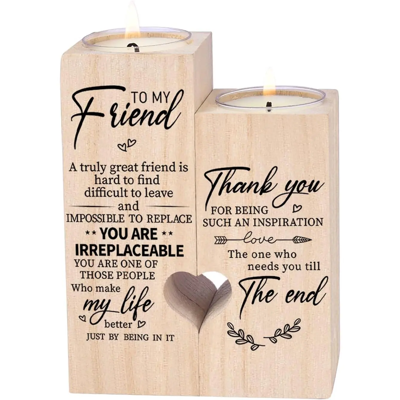 Double-Sided Printing Wood Candle Holders - Room Decor Light, Custom Engraved Personal Gifts for Adult Female Friends, All Seasons Birthday Gift with "To My Friend, You are IRREPLACEABLE, Thank You for Being My Unbiological Sister" Message, Customizable,
