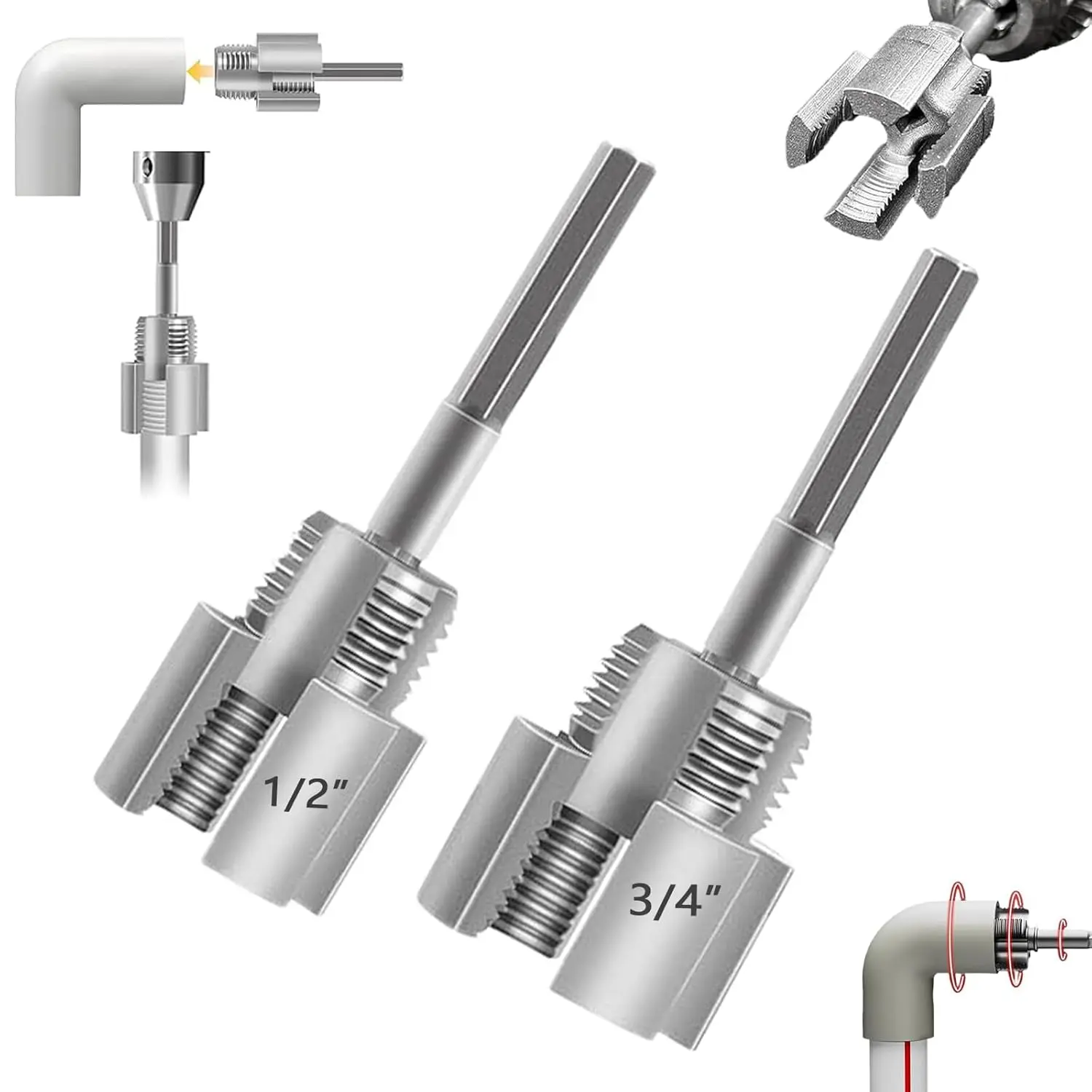Integrated Internal & External Pipe Threading Tool,Pipe Thread Cutting Tool, 1/2'' 3/4'' Dies, Dual-Function Pipe Thread Cutting Tool,for Drill Cutting Threading(DN15+DN20)