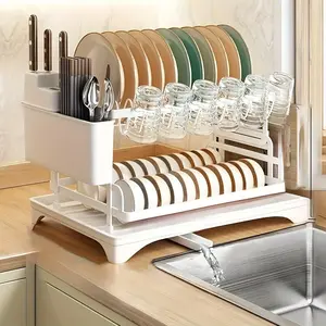 2-Tier Dish Drying Rack Stainless Steel Kitchen Counter Organizer with Cutlery & Cup Holders Draining Tray Rustproof Multifunctional Drainer Black Finish Kitchenware Rack