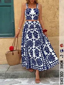 2-Piece Set Spring Summer Blue Geometric Print Halter Top + High Waist Skirt, Loose-Fitting Boho Holiday Style for Women