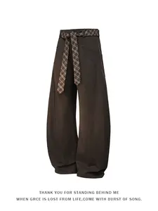 Men's Wide Leg Loose Oversize Pants, Plaid Ribbon Belt, Casual Streetwear, High Waist Work Pants, Comfortable and Stylish