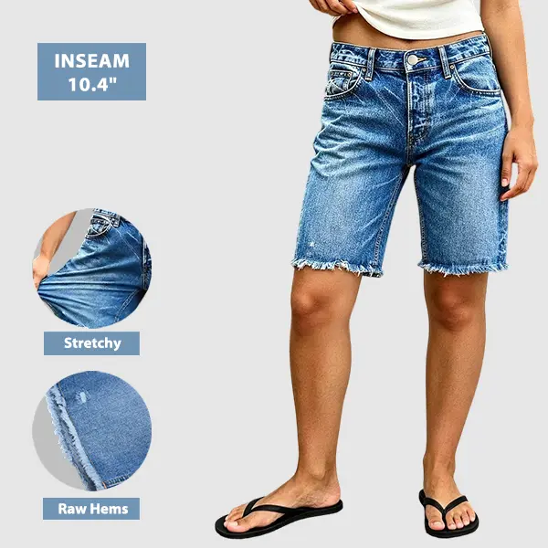 Flamingals Wash Raw Hem Mid Rise Denim Bermuda Shorts Stretchy 9-13'' Inseam