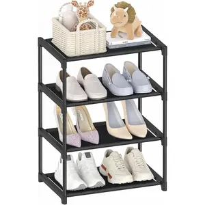4 Tier Small Shoe Rack, Narrow Stackable   Adult Shoe Storage Organizer Shelf for Closet Floor Entryway Bedroom, Space Saver Shoe Rack Organization Shelves