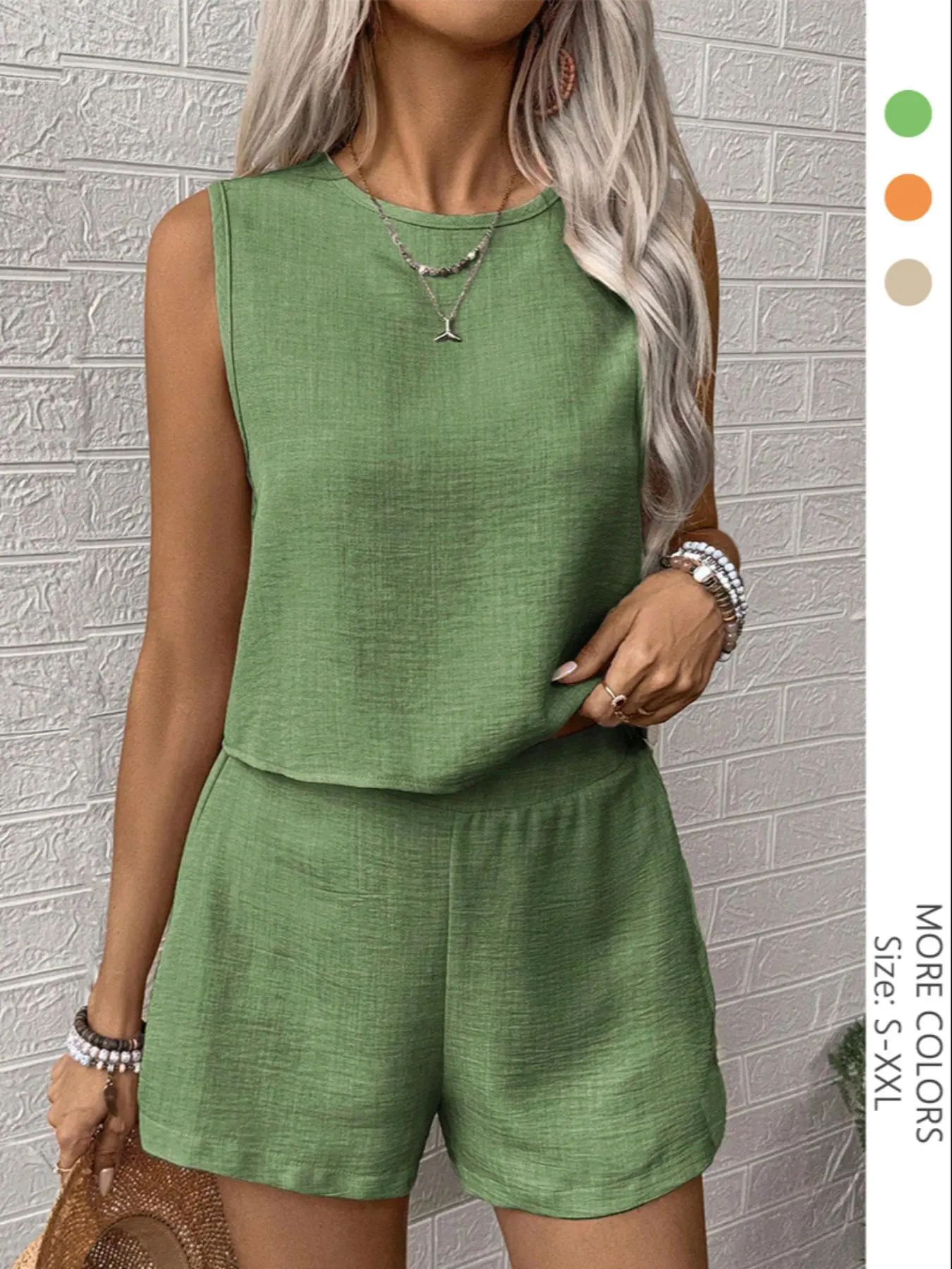 Women’s 2-piece set: cropped top and high-waisted shorts, 153 g two-tone twill fabric outfit, crew neck, sleeveless, fitted, above-the-knee, casual summer womenswear