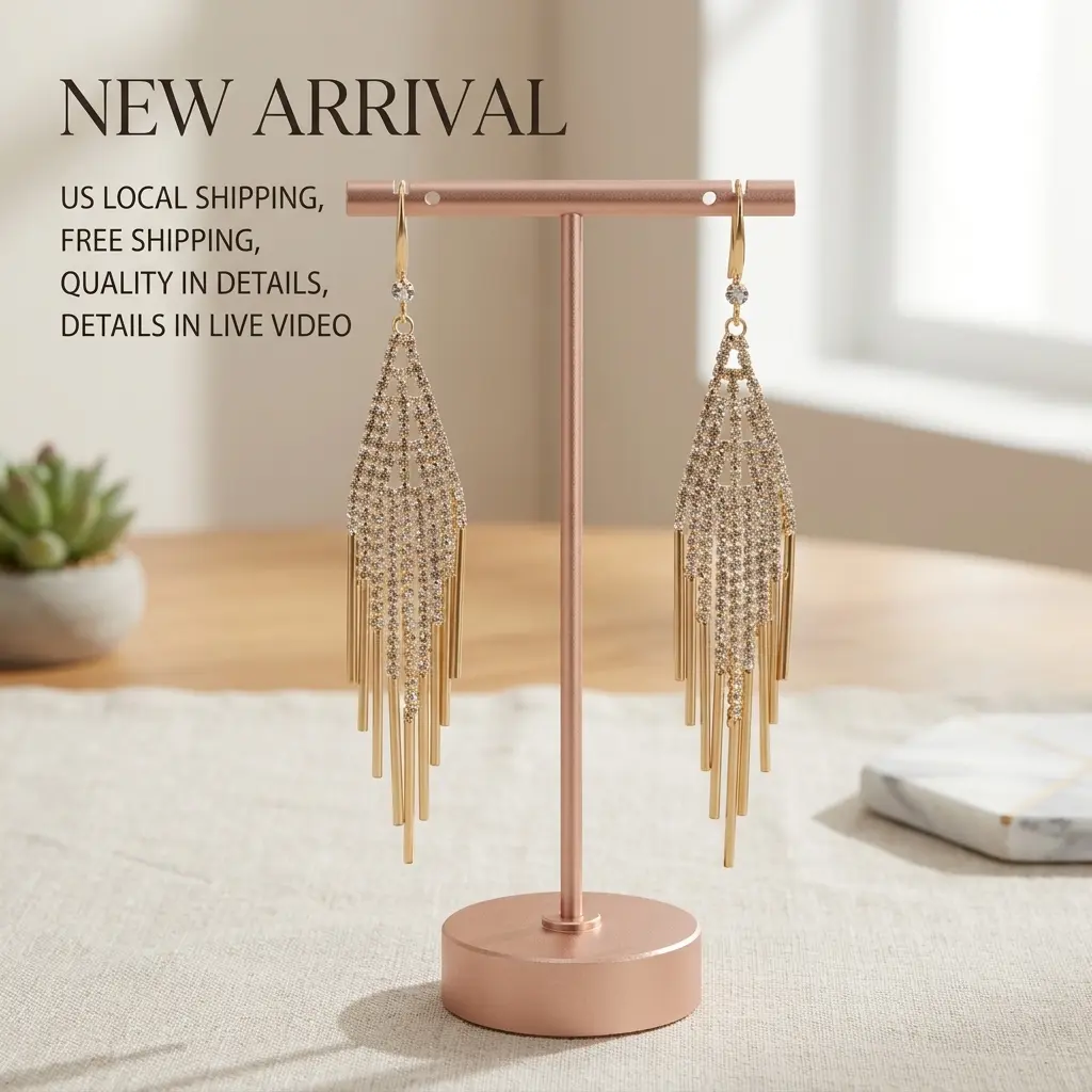 Long Rhinestone Tassel Dangle Earrings, Triangle Mesh Crystal Metal Fringe Drop Earrings, Sparkly Statement Party Wedding Earrings for Women