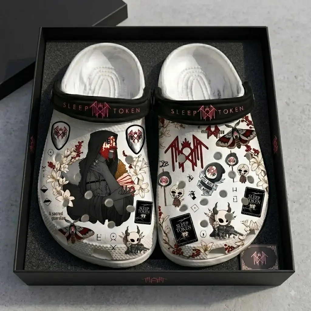 Retro Sleep Token Band Concert Tour Clogs, Gothic Occult Graphic Slip-On Shoes, Monochrome Fantasy Lightweight Casual Footwear