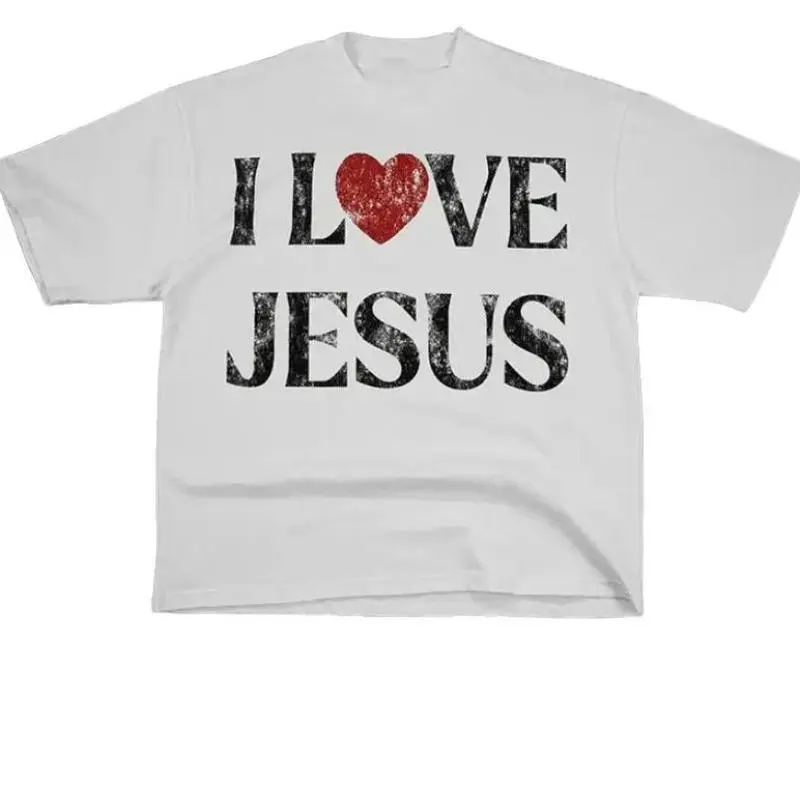 [100% Cotton] Vintage I Love Jesus Print Short Sleeve T-Shirt Menswear Top Underwear Tshirt Cotton Polyester,Women's Letter Print Round Neck Tee Perfect GiftMen, Perfect Gift Streetwear Crewneck Black Casual  Golf Gift T-Shirt For Men and Women
