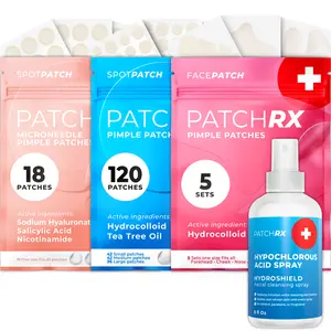 PatchRx Multi-stage Clear Skin Bundle - Microneedle Patches (18pk), Everyday Pimple Patches (120pk), Hypochlorous Acid Spray (8oz) + Full Face Pimple Patches (5 Sets) | Reduce Pimples Overnight | Hydrocolloid Acne Mask | Large Full Face Patches