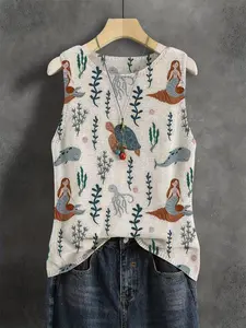 Women's Spring Summer Elegant Cartoon Mermaid Animal Seaweed Shell Print Round Neck Sweater Vest, Casual Sleeveless Knit Top, Breathable Fashion