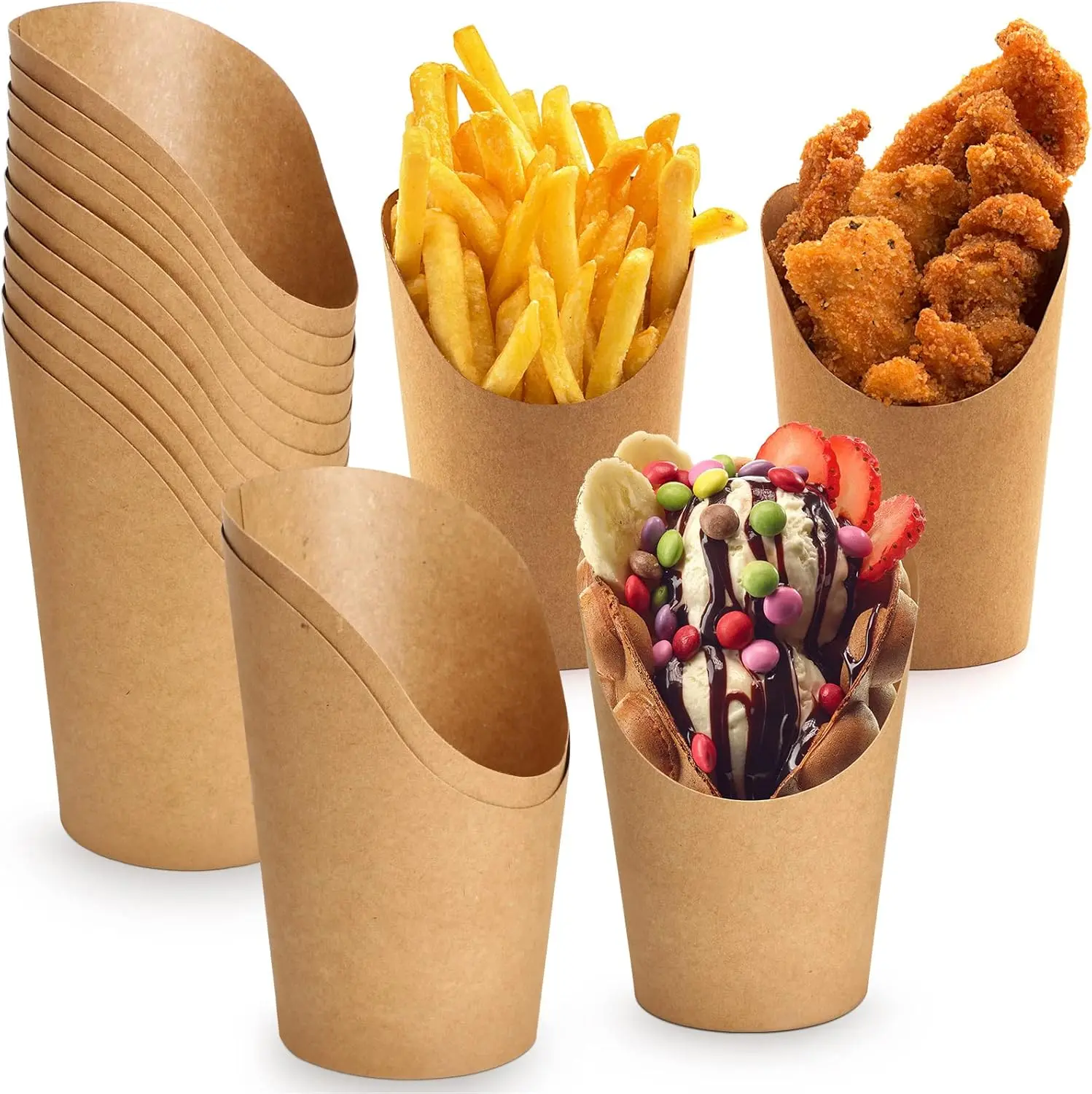 150PCS French Fries Cups,Disposable Cooked Food Cups,Mini Brown Party Service Box Container,Used For Popcorn,Appetizers, Desserts,Cheese,Wedding Food