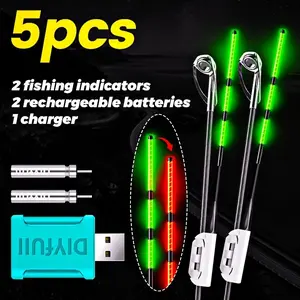 5pcs Fishing Rod Tip Light + Rechargeable Battery + USB Charger, High Visibility Fish Biting Lights, Clip Installation, Night Fishing Glow Stick, Fishing Accessories