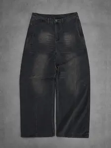 Spring To Summer Zipper Fly Wide Leg Jeans High Waist Loose Denim Long Pants with Pocket