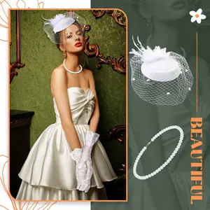 3 Pieces Fascinator Hat for Women Tea Party Derby Hat with Veil Feather Funeral Headpiece Lace Gloves Pearl Necklace