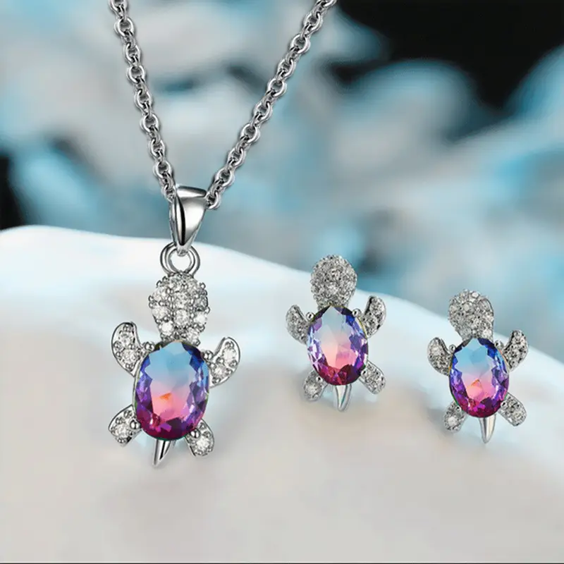 EJG Turtle Jewelry Set Rainbow Cubic Zirconia 925 Sterling Silver Hypoallergenic Christmas Gifts for Women 2-Piece Necklace Earrings Set Ocean Theme Everyday Wear, Girly Jewelry Sets, Sterling Jewelry Sets