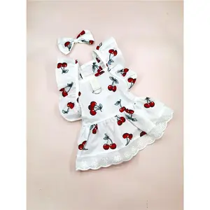 1set Cherry Print Dress And Bow Tie Pet Outfit