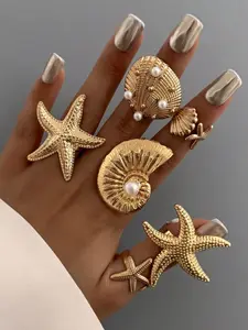 Women's Oceanic Shell & Starfish Ring Set, Oceanic Elements Vintage Boho Pearl Alloy Jewelry, Adjustable Unique Design Rings for Daily Wear, Stackable Finger Rings