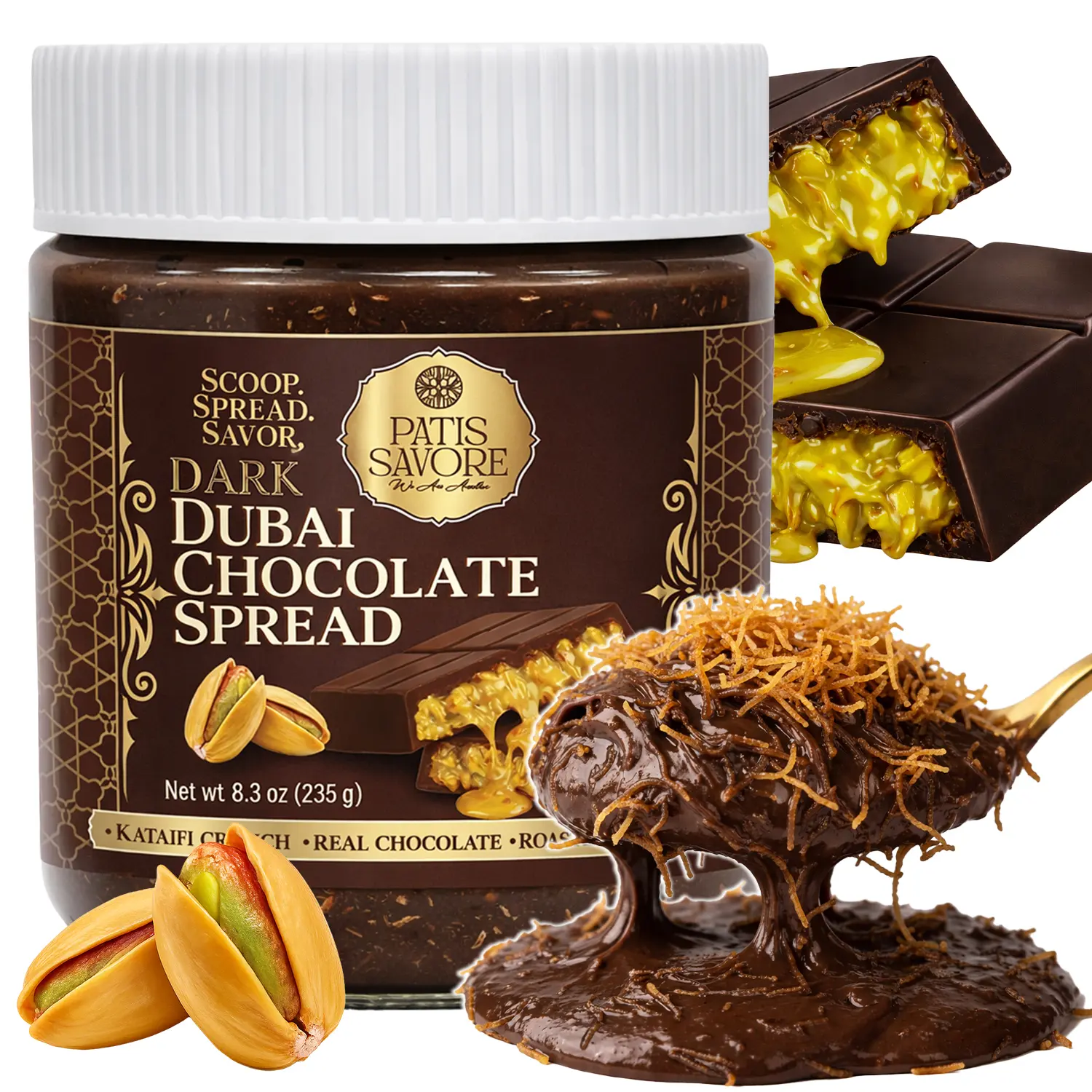 Luxurious Dark Dubai Chocolate Spread – Crunchy Kataifi & Pistachio Cream – 235g / 8.3oz Gourmet Bitter Chocolate – Authentic Middle Eastern Dessert – Chocolate Gift