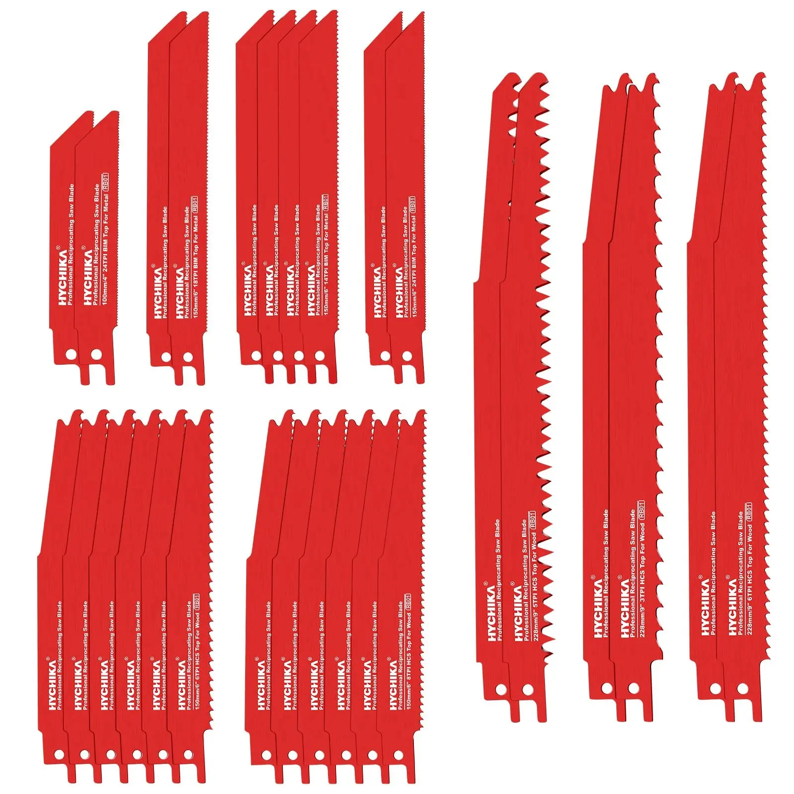 HYCHIKA 32-Piece Heavy Duty Heat-Treated Versatile Reciprocating Saw Blade Set - 10 Carbon/Bi-Metal, 22 Carbon Steel for Wood Blades, Hardware Power Tool Accessories for Smooth, Precise Cuts with Storage Organizer Case