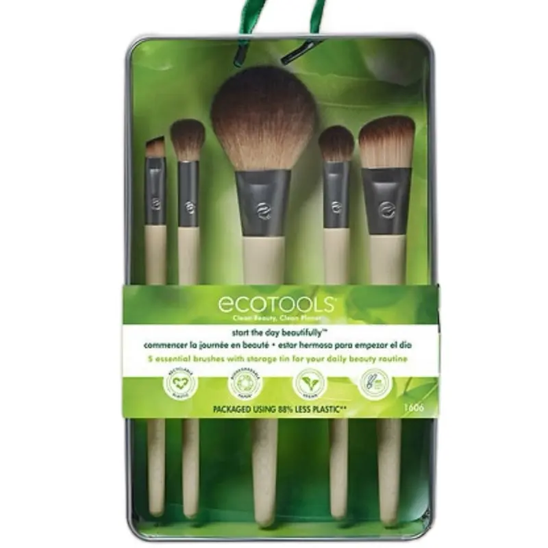 ECOTOOLS EcoTools Start The Day Beautifully Brush Set 5 Piece Set & Storage Tin 88% Less Plastic Packaging