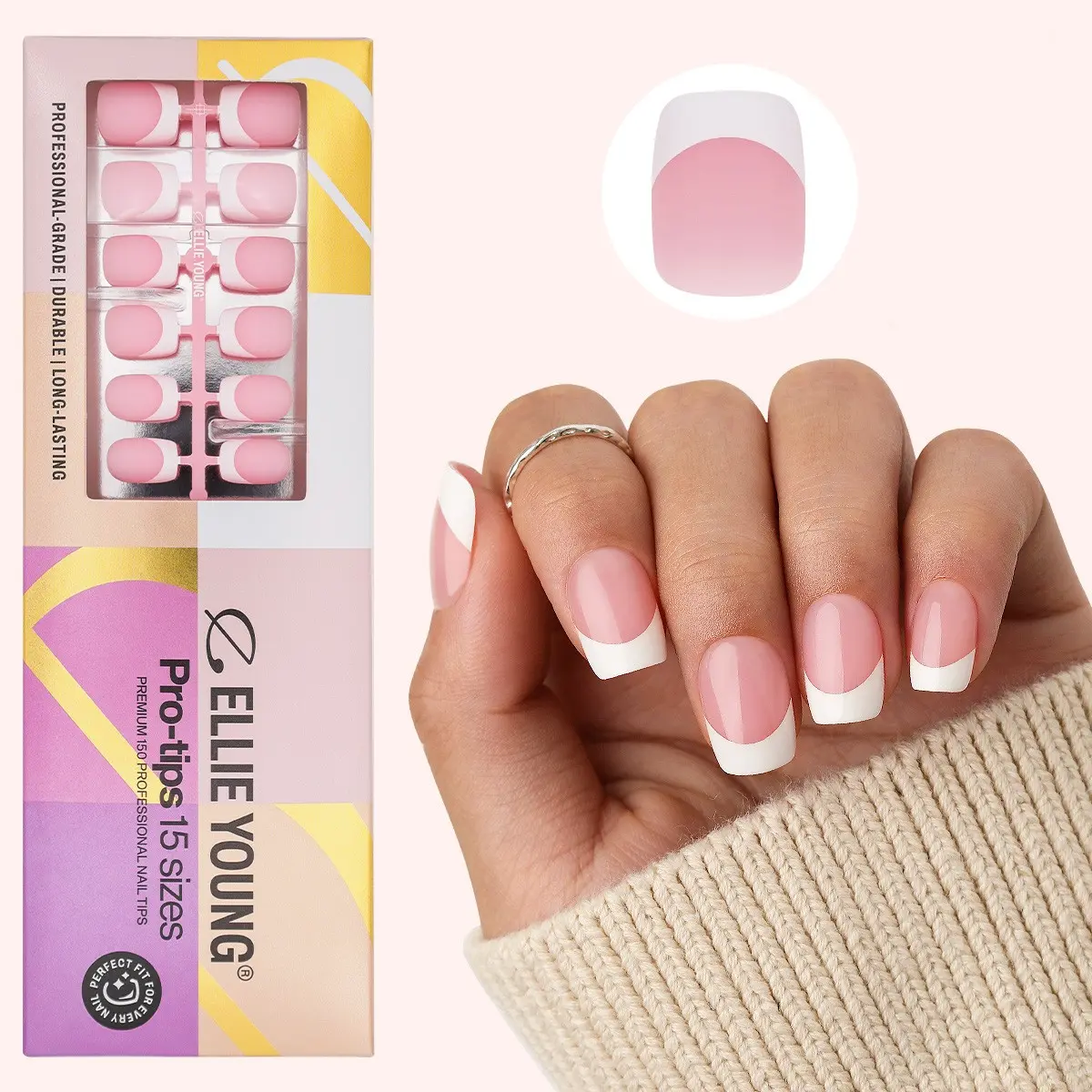 ELLIE YOUNG Pro-Tips Short Square White French Tips with Pink Base, 150pc Press-On Nails Kit, Nail Glue – 15 Sizes, Matte Gel Acrylic Look, Soft Gel DIY Extensions, Nail Art Diy