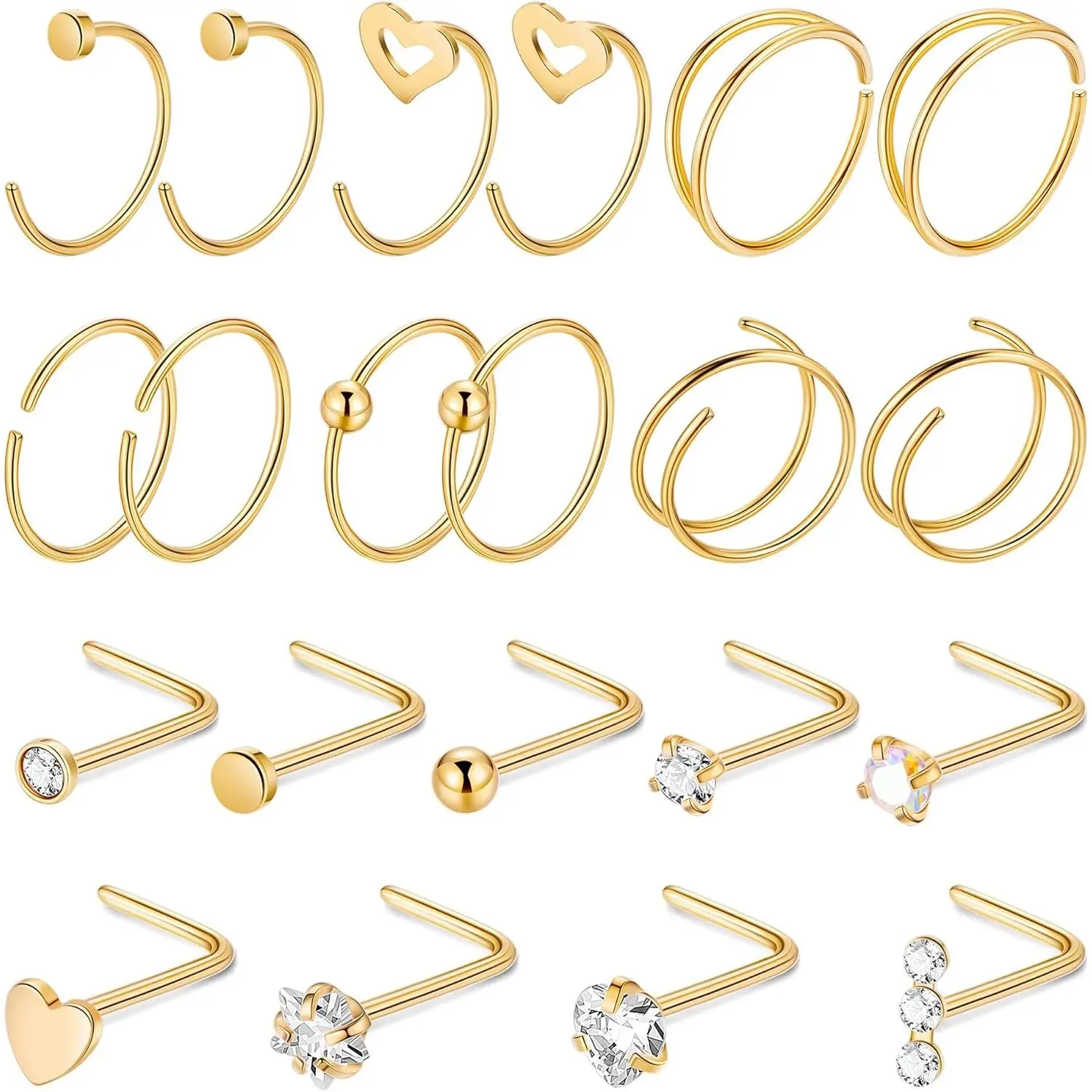 21 count 22G 316L Stainless Steel Nose Rings Hoops for Women Men CZ L Shaped Nose Studs Open Hoop Nose Rings Nostril Piercing