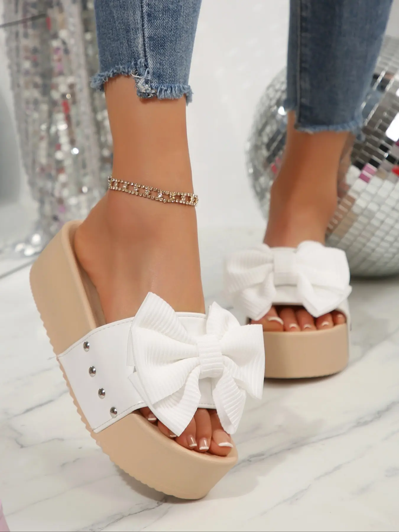 Cinderella Bow Wedge Shoes, Stylish and Elegant Sparkling Footwear for Special Occasions, Perfect with Evening Dresses