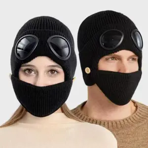 Adult Ski Hat and Scarf Set Knitted Warm Hat with Goggles and Ear Protection for Winter Sports