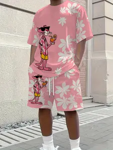 Summer Men's Fun Cartoon Sportswear Set, Streetwear Tracksuit Set, Athleisure Tracksuit Outfit, Short Sleeve T-Shirt & Floral Pants, Casual Summer Style for Travel
