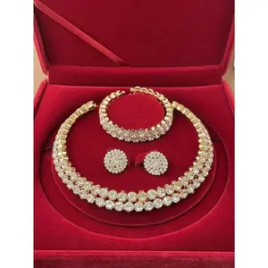 3pcs Set Bling Rhinestone Multi-Layer Necklace, Earrings, Bracelet & Choker Jewelry Set Bridal Wedding Gift