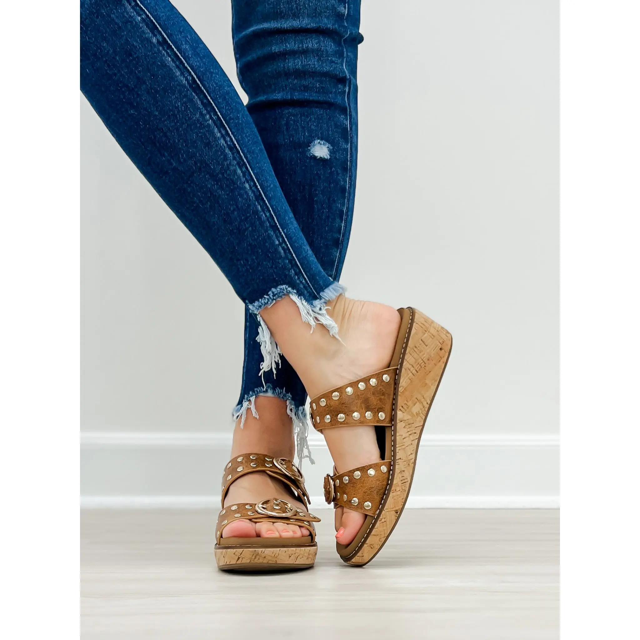 Corkys Told You So Double Buckle Sandals in Cognac Distressed