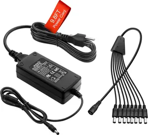 Security Camera Power Supply Adpter 12V 5A with 8 Way Power Splitter Cable 5.5x2.1mm, 100-240V 50-60Hz AC to DC Converter for Analog AHD CCTV DVR Surveillance System (Extended Version 14.5ft)