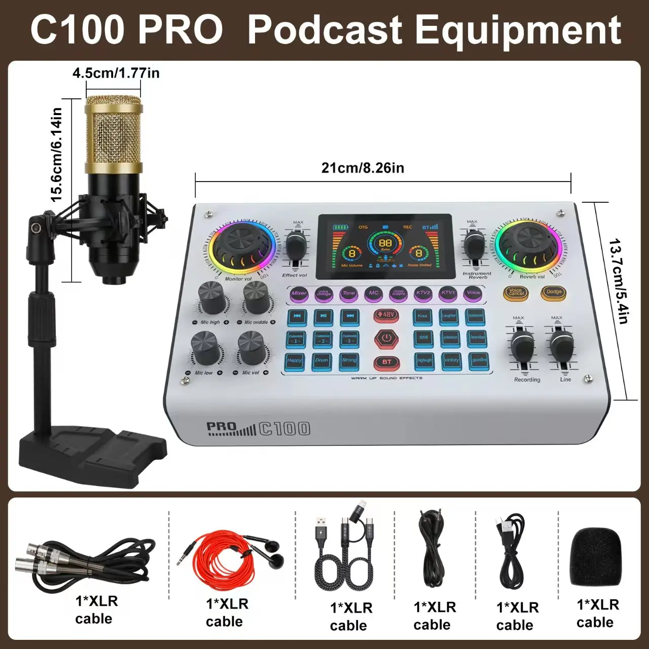 C100PRO Audio Mixer,48V Digital Sound Card, Dual DSPChips, High Sampling, 3 Custom Effects, Follow-Singing,Instrument Reverb, Digital Display, Noise Reduction, RGBLights