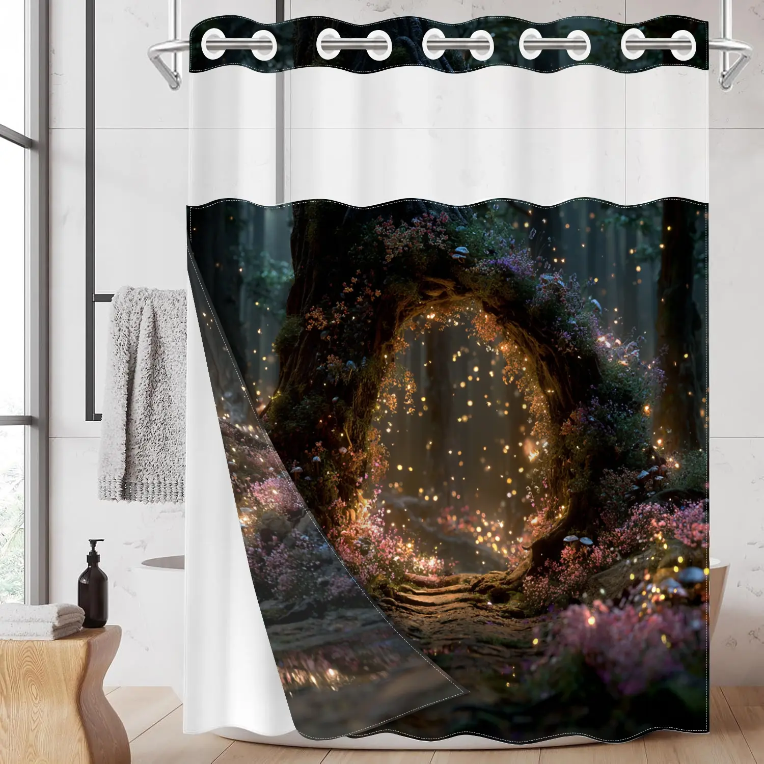 1pc hookless Printed Shower Curtain with snap fastener, Forest Magic Arch 2D Flat Printing, fabric waterproof inner lining shower curtain with transparent window double-layer shower curtain, 71 x 74 inches, modern home curtain decoration, Bathroom Curtain