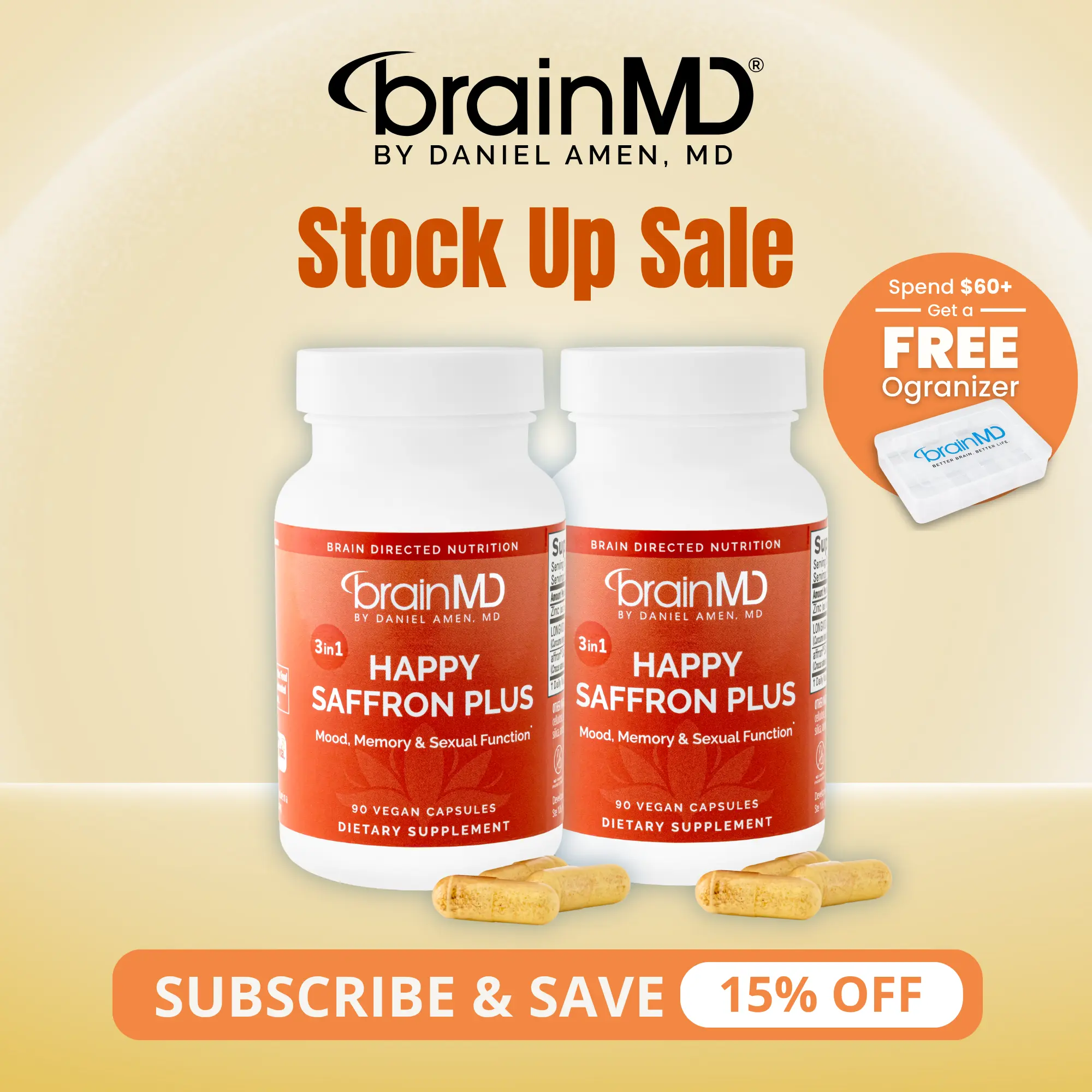 Happy Saffron Plus 2-Pack | BrainMD | 180 Capsules (2 x 90) | Mood & Stress Support | Memory, Focus & Libido Support | Affron Saffron Extract with Curcumin & Zinc