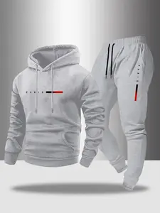 Men's Paris Letter Print Drawstring Hoodie and Fleece Lined Sweatpants Set, Casual Fall & Winter, Comfortable Fashion Two-Piece Set