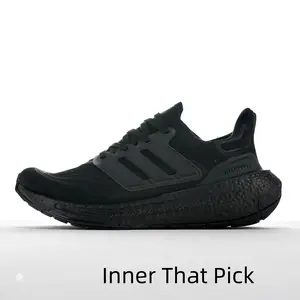 Full black breathable mesh lace-up running trainers, matte synthetic three-stripe overlay, thick shock-absorbing foam midsole anti-slip rugged rubber outsole supportive athletic sneakers for gym training, long-distance jogging