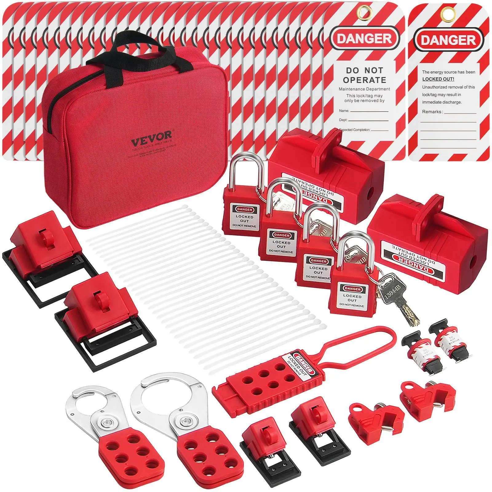 【summerfinds】VEVOR Electrical Lockout Tagout Kit, 47 PCS Safety Loto Kit Includes Padlocks, Hasps, Tags, Nylon Ties, Plug Lockouts, Circuit Breaker Lockouts, and Carrying Bag, for Industrial, Electric Power