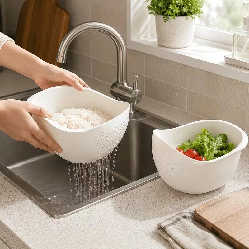 Kitchen: 1 set of rice washing basin, rice sieve wash basin, vegetable washing basin, plastic draining basin, multi-functional fruit and vegetable cleaning and storage basin, large capacity, streamlined design for quick drainage and storage.