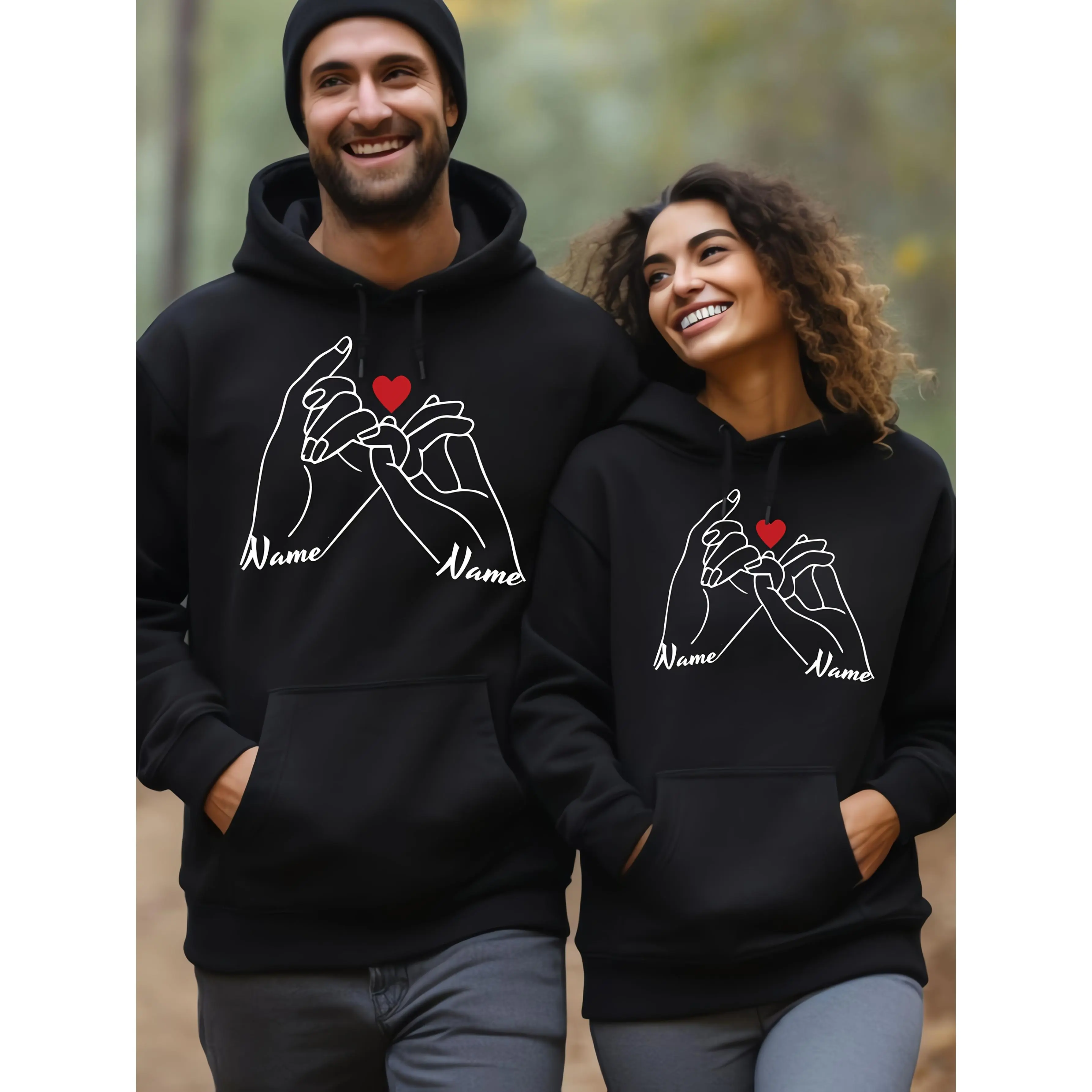 Fitted Couples Matching Hooded Cotton Sweatshirt Pair - Casual Style, Custom Name/Initials Print, Wedding Gift, Machine Washable Winter Warmth for Boyfriend & Girlfriend