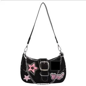 Women's fashion cartoon cat purse, cat face patched, shoulder bag, chain decor underarm bag, black color