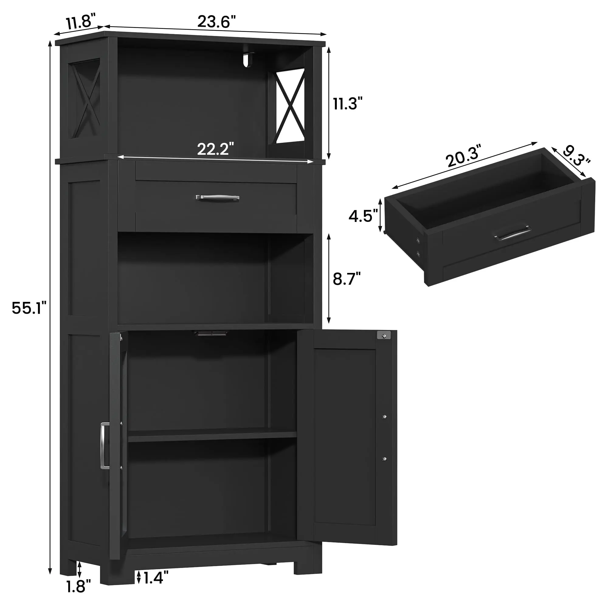 55 in MDF Wood Farmhouse Tall Kitchen Pantry Cabinet - Black Floor-Based Multi-Function Adjustable Tall Cupboards, 5-Tier Storage, 2 Barn Doors, 1 Drawer, Adjustable Shelf, Quick Setup, Solid Base, Home Sideboard Buffet (12" D x 24" W x 55" H), Floor-Base