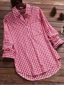 Stylish Elegant French Vintage Checkered Shirt Blouse with Pocket Design, Casual Long Sleeve for Women in Spring and Autumn