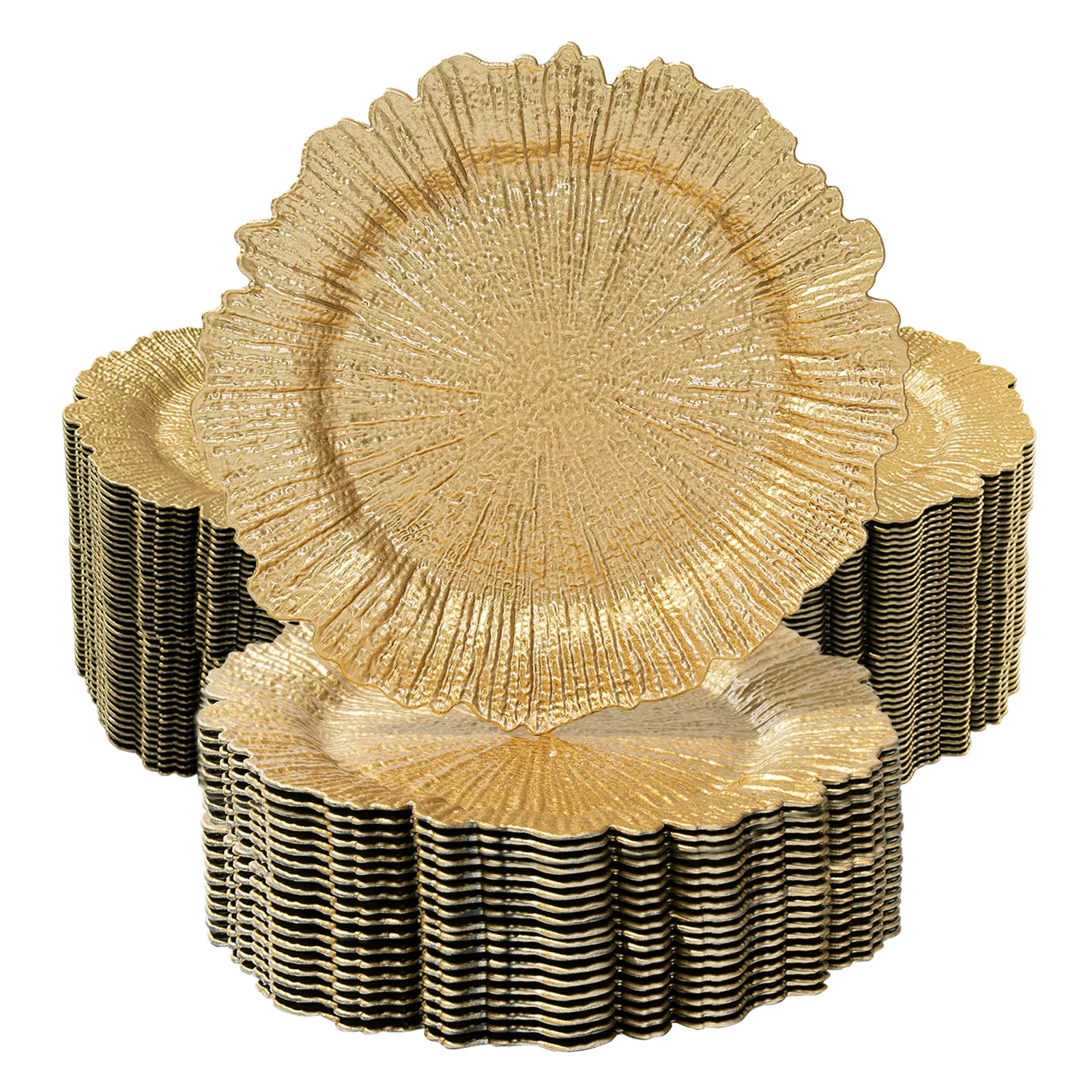 Thick 13-Inch Gold Plastic Coral Reef Round Dinner Plates with Decorative Base, 96/48/24/12/6-Piece Sets, All-Seasons Tableware for Dinner, Wedding Decoration Use